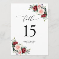Burgundy Blush Floral Mariage Tableau Numéro Carte