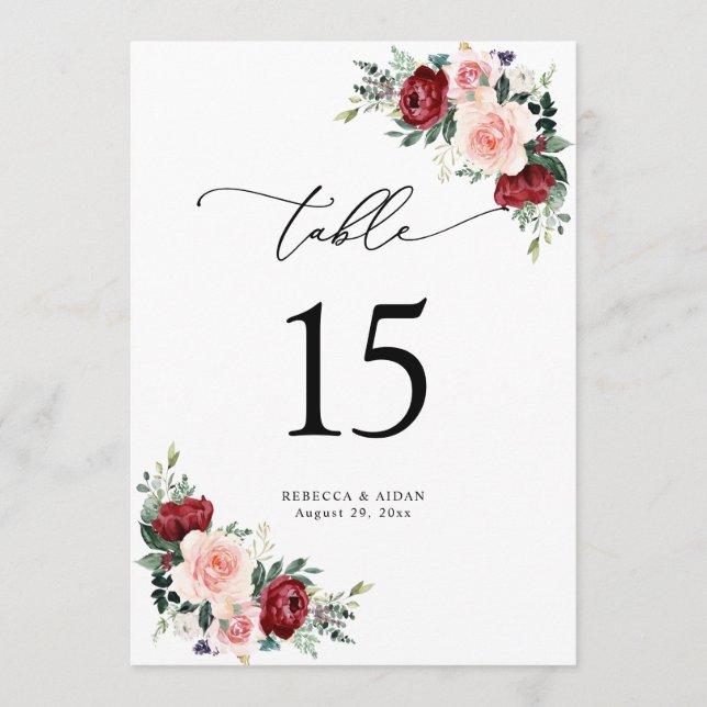 Burgundy Blush Floral Mariage Tableau Numéro Carte (Devant)