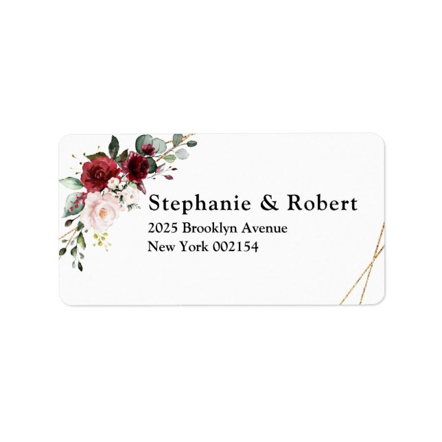 Burgundy Blush Floral Modern Geometric Address Label (Front)