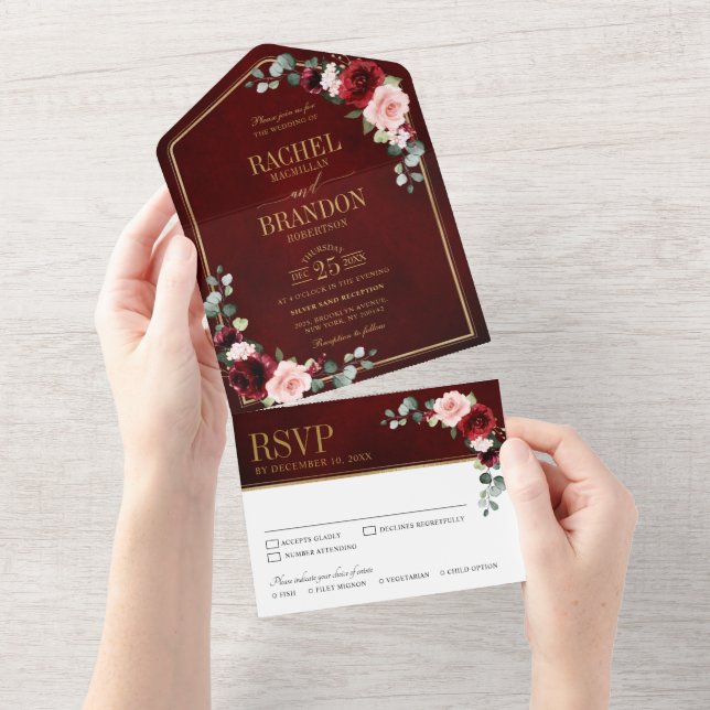 Burgundy Blush Floral Modern Geometric Wedding All In One Invitation (Tearaway)
