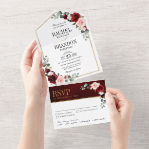 Burgundy Blush Floral Modern Geometric Wedding All In One Invitation