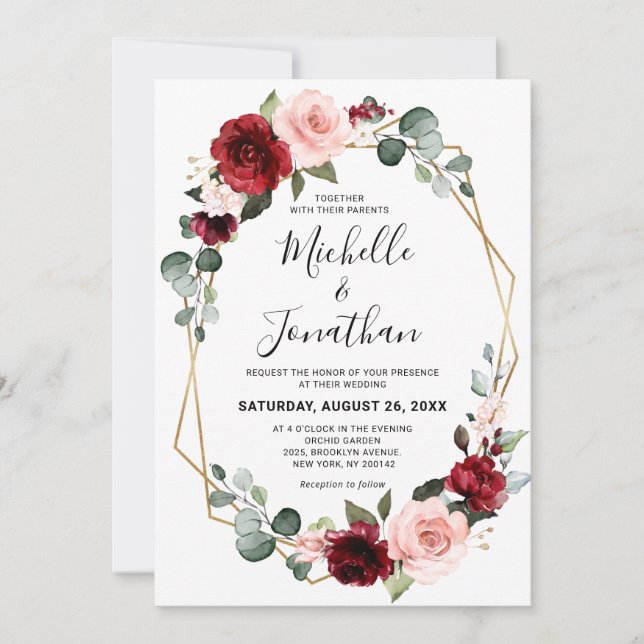 Burgundy Blush Floral Modern Geometric Wedding Invitation (Front)