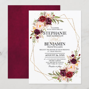 Burgundy Blush Floral Modern Geometric Wedding Invitation