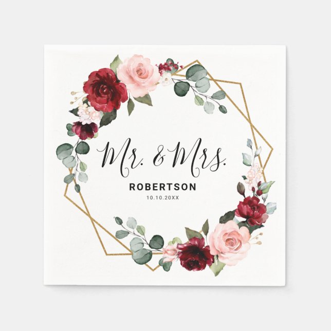 Burgundy Blush Floral Modern Geometric Wedding Napkin (Front)