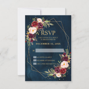 Burgundy Blush Floral Modern Geometric Wedding RSVP Card