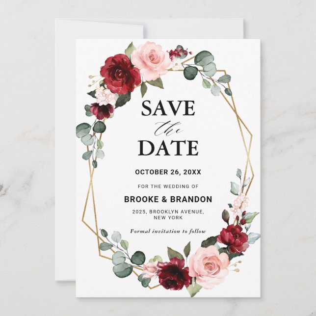 Burgundy Blush Floral Modern Geometric Wedding Save The Date (Front)