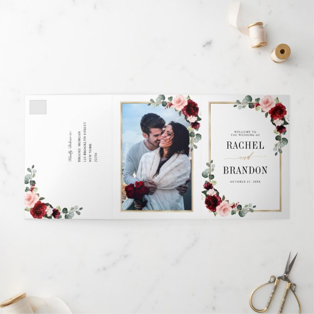Burgundy Blush Floral Modern Geometric Wedding Tri Tri-Fold Announcement (Outside)