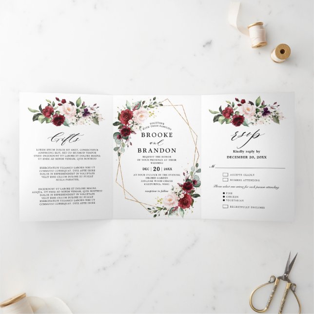 Burgundy Blush Floral Modern Geometric Wedding Tri Tri-Fold Programme (Inside)