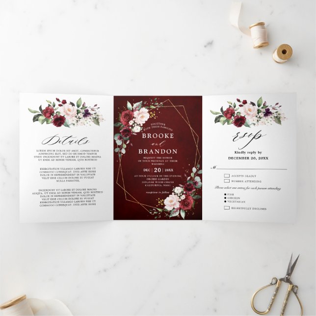 Burgundy Blush Floral Modern Geometric Wedding Tri Tri-Fold Programme (Inside)