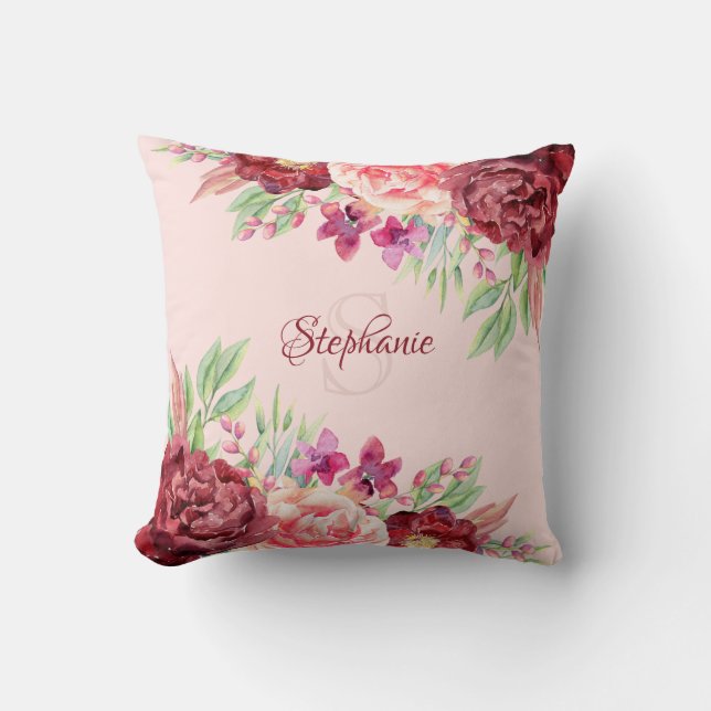 Burgundy Blush Floral Name Monogram Throw Pillow (Front)