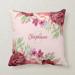 Burgundy Blush Floral Name Monogram Throw Pillow