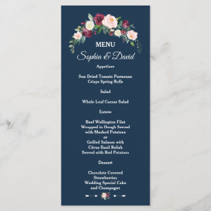 Burgundy Blush Floral Navy Blue Floral Wedding Menu
