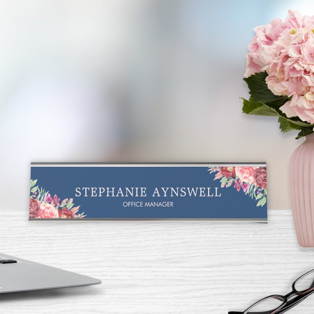 Burgundy Blush Floral Navy Blue Personalized Desk Name Plate (Creator Uploaded)