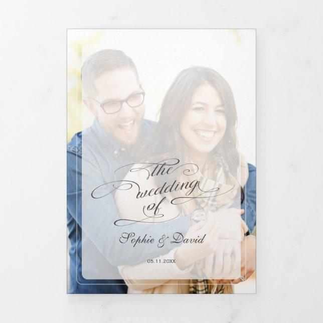 Burgundy Blush Floral Navy Blue Photo Wedding Tri-Fold Programme (Cover)