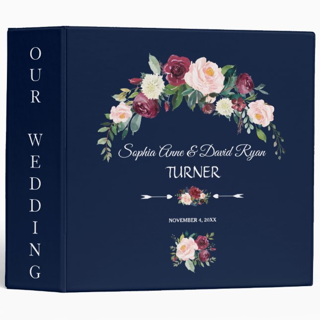 Burgundy Blush Floral Navy Blue Wedding Album Binder (Front/Spine)