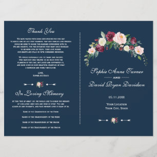 Burgundy Blush Floral Navy Blue Wedding Program