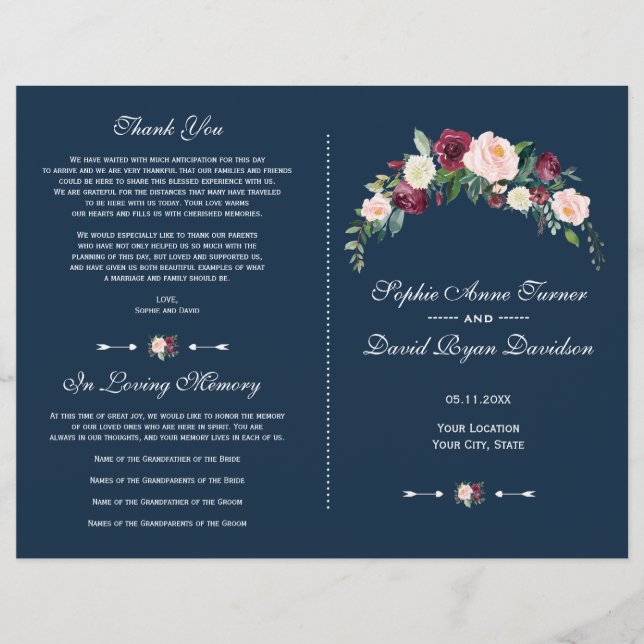 Burgundy Blush Floral Navy Blue Wedding Program (Front)