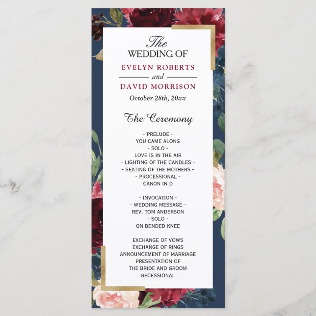 Burgundy Blush Floral Navy Programme de mariage bl (Devant)
