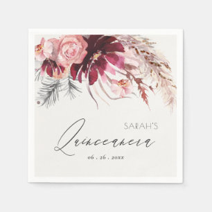 Burgundy Blush Floral Pampas Grass Quinceanera Napkin