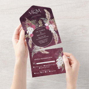 Burgundy Blush Floral Pampas Grass Wedding All In One Invitation