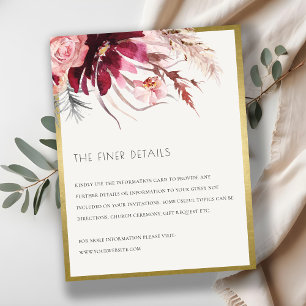 Burgundy Blush Floral Pampas Grass Wedding Details Enclosure Card