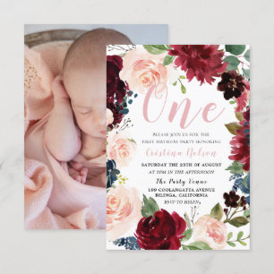 Burgundy Blush Floral Photo 1st Birthday Party Invitation