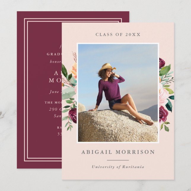 Burgundy Blush Floral Photo Graduation Party Invitation (Front/Back)