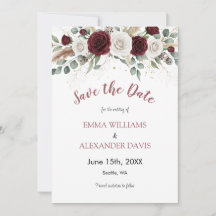Burgundy Blush Floral Photo Save the Date Card 