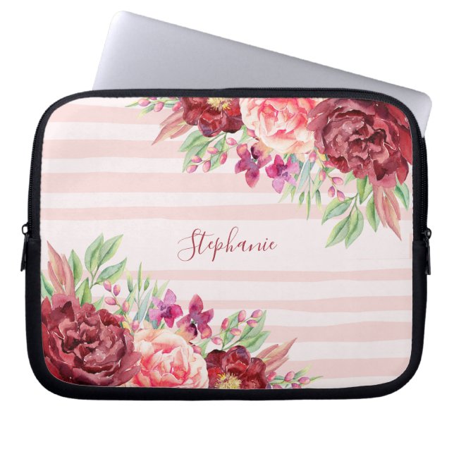 Burgundy Blush Floral Pink Stripes Monogram Laptop Sleeve (Front)
