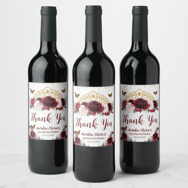 Burgundy Blush Floral Princess Crown Quinceañera  Wine Label (Bottles)