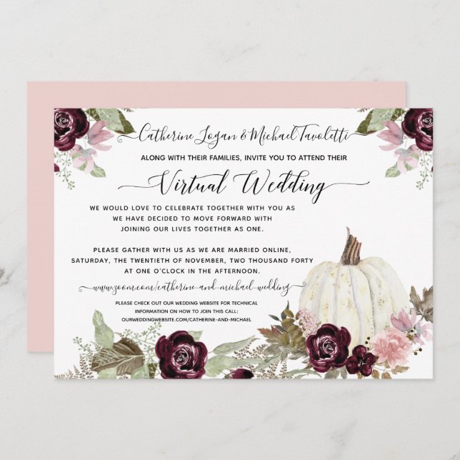 Burgundy Blush Floral Pumpkin Virtual Wedding Invitation (Front/Back)