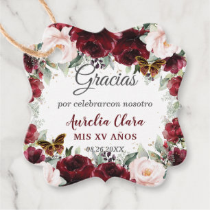 Burgundy Blush Floral Quinceañera Butterflies Favour Tags