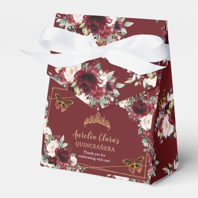 Burgundy Blush Floral Quinceañera Butterfly Tiara Favor Box (Front Side)