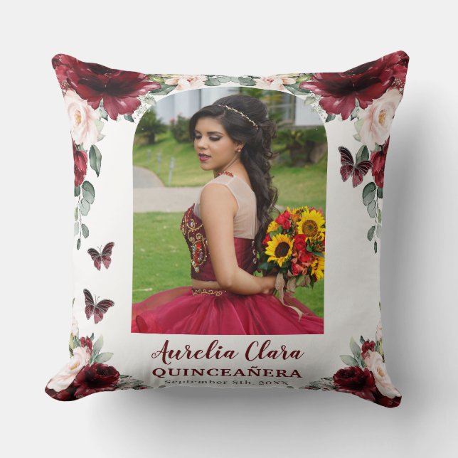 Burgundy Blush Floral Quinceañera Photo Keepsake Throw Pillow (Front)