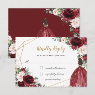 Burgundy Blush Floral Quinceañera Princess Reply RSVP Card