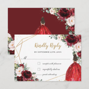 Burgundy Blush Floral Quinceañera Princess Reply RSVP Card