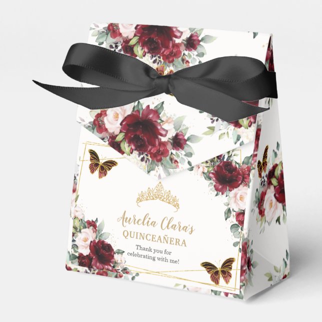 Burgundy Blush Floral Quinceañera Tiara Butterfly Favor Box (Front Side)