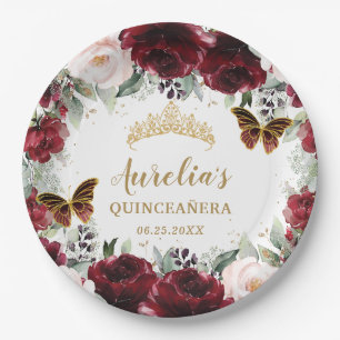 Burgundy Blush Floral Quinceañera Tiara Princess Paper Plate