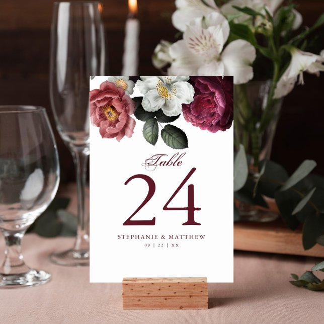 Burgundy Blush Floral Roses Botanical Wedding Table Number (Modern moody burgundy floral table number for your reception decor features a watercolor design.)