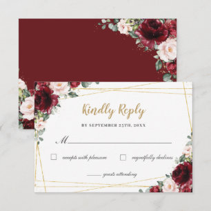 Burgundy Blush Floral Roses Gold Quinceañera Reply RSVP Card