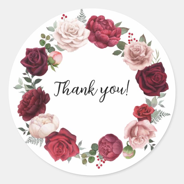 Burgundy Blush Floral Round Thank You Stickers  (Front)