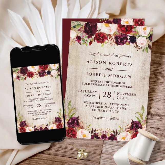 Burgundy Blush Floral Rustic Barn Wood Wedding Invitation (Perfect for your rustic wedding celebration with this captivating and customizable design.)