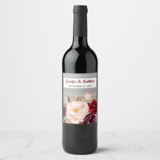 Burgundy Blush Floral Rustic Wedding Wine Label (Front)