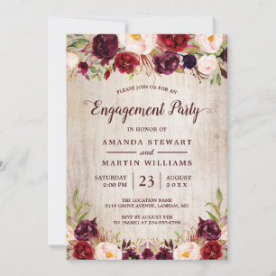 Burgundy Blush Floral Rustic Wood Engagement Party Invitation