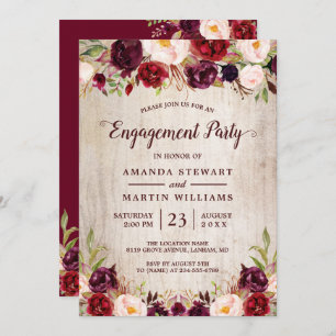 Burgundy Blush Floral Rustic Wood Engagement Party Invitation
