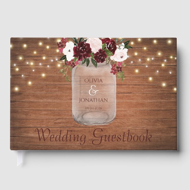 Burgundy Blush Floral Rustic Wood Wedding Guest Book (Front)