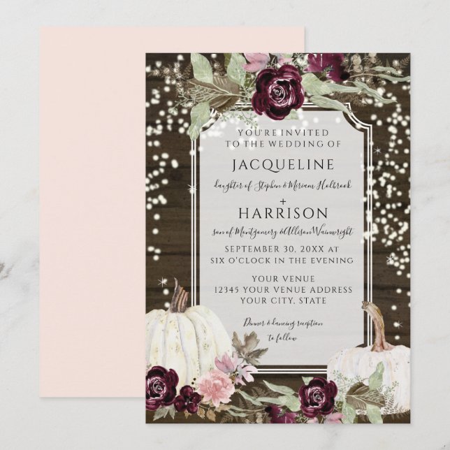Burgundy Blush Floral RusticTwinkle Lights Wedding Invitation (Front/Back)