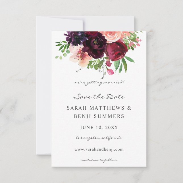 Burgundy & Blush Floral Save The Date V2 (Front)