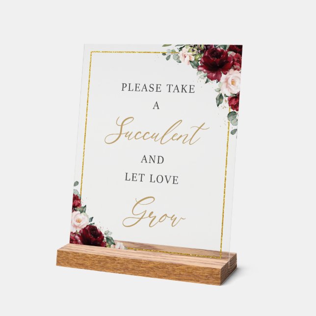 Burgundy Blush Floral Succulent Favour Love Grow Acrylic Sign (Angle)