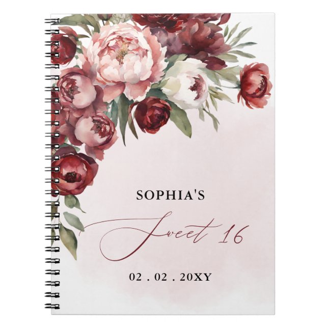  Burgundy Blush Floral Sweet 16 Guest Book (Front)